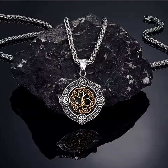 Viking Rune Life Tree Stainless Steel Silver Luck Talisman Necklace - Picture 3 of 5